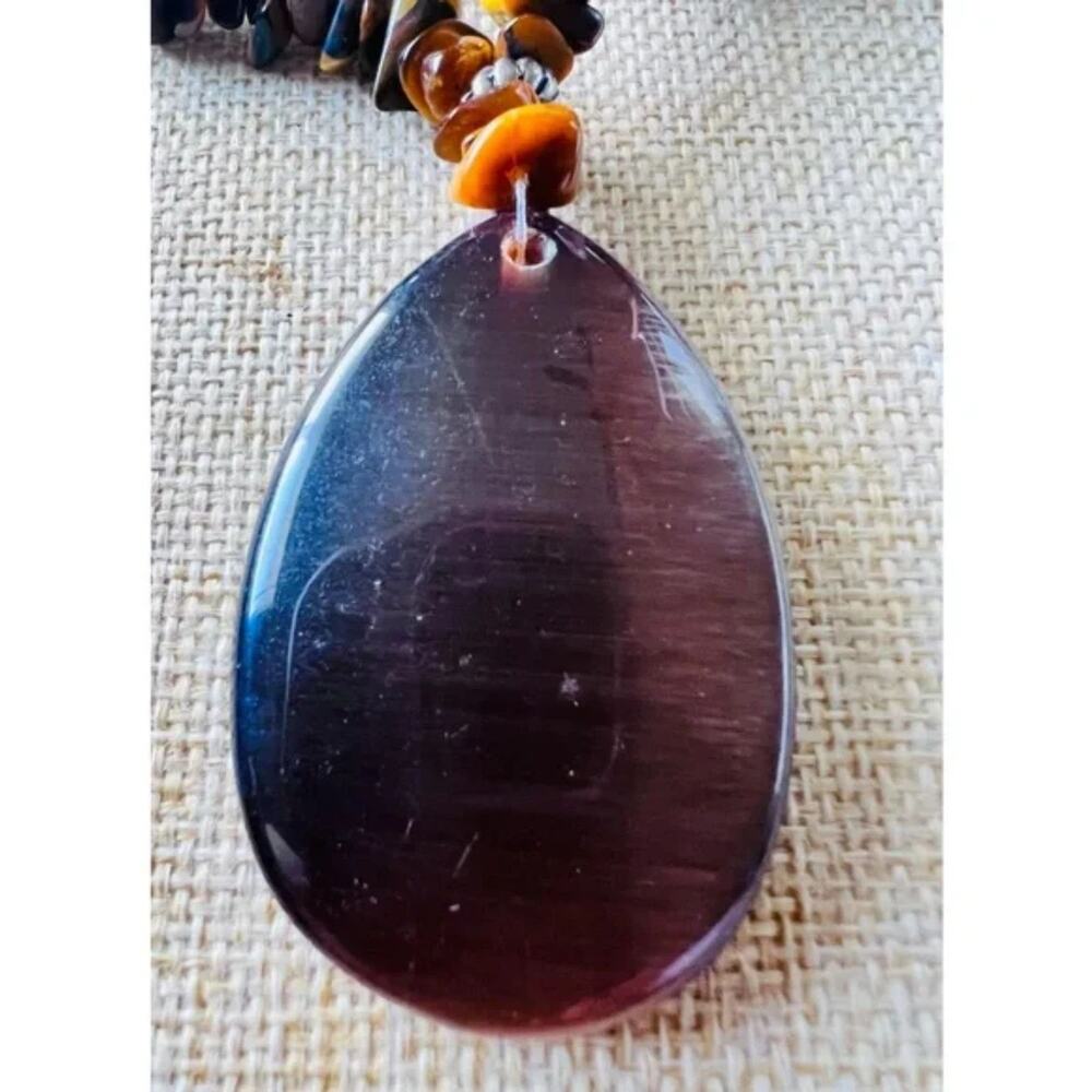 Vintage Tigers Eye Chips with Large Pendant Necklace 16"